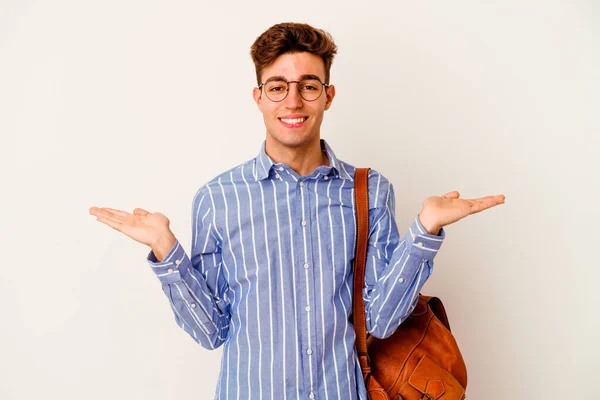 Joven Estudiante Aislado Sobre Fondo Blanco Hace Escala Con Los —  Fotos de Stock