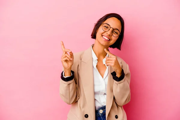 Young Business Mixed Race Woman Isolated Pink Background Dancing Having — Stock Photo, Image