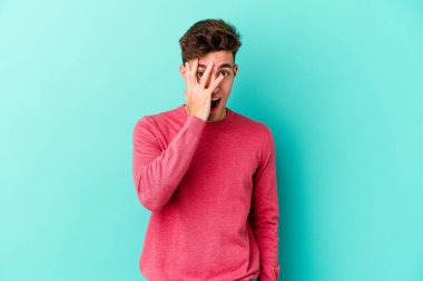 Mavi arka planda izole edilmiş genç beyaz adam yüzünün yarısını palmiye ile kaplayarak eğleniyor..