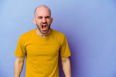 Kafkasyalı genç kel adam mor arka planda izole edilmiş çok kızgın, öfkeli, hayal kırıklığına uğramış.
