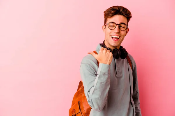 Young Student Man Isolated Pink Background Points Thumb Finger Away — Stock Photo, Image