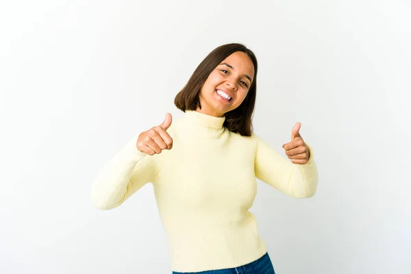 Jong Gemengd Ras Vrouw Het Verhogen Van Beide Duimen Omhoog — Stockfoto