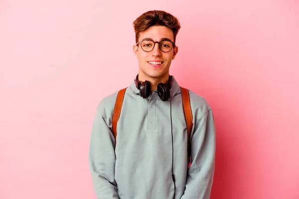 Joven Estudiante Aislado Sobre Fondo Rosa Feliz Sonriente Alegre — Foto de Stock