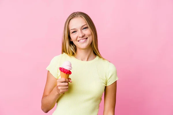 Young Russian Woman Eating Ice Cream Isolated Happy Smiling Cheerful — Stock Photo, Image