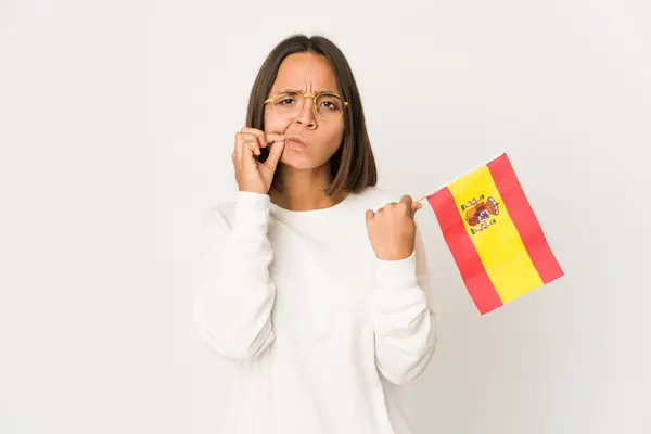 Joven Mujer Hispana Raza Mixta Sosteniendo Una Bandera Española Con —  Fotos de Stock