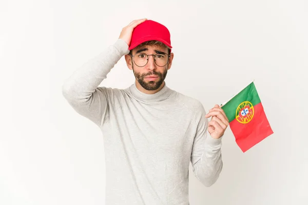 Joven Mujer Hispana Raza Mixta Portadora Una Bandera Portugal Conmocionada — Foto de Stock