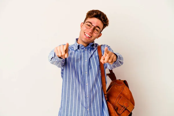 Joven Estudiante Aislado Sobre Fondo Blanco Sonrisas Alegres Apuntando Hacia — Foto de Stock