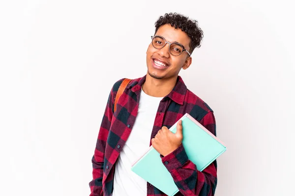 Jovem Estudante Afro Americano Encaracolado Homem Isolado Segurando Livros Felizes — Fotografia de Stock