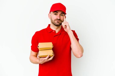 Beyaz arka planda izole edilmiş beyaz tenli teslimatçı parmağıyla tapınağı işaret ediyor, düşünüyor ve bir göreve odaklanıyor..