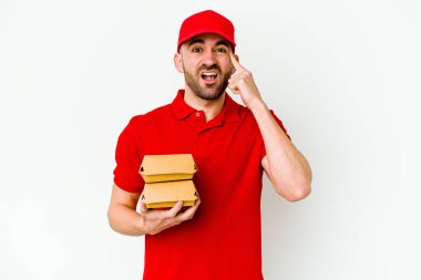 Beyaz arka planda izole edilmiş beyaz tenli teslimatçı işaret parmağıyla bir hayal kırıklığı gösteriyor..