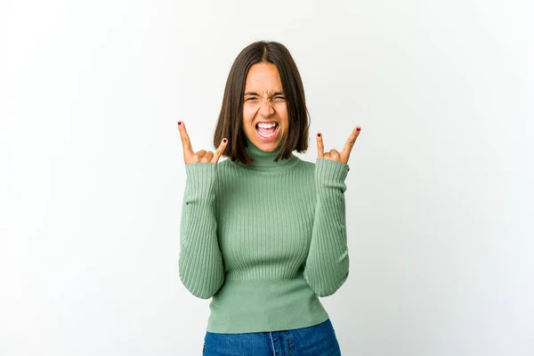 Young Mixed Race Woman Showing Horns Gesture Revolution Concept — Stock Photo, Image