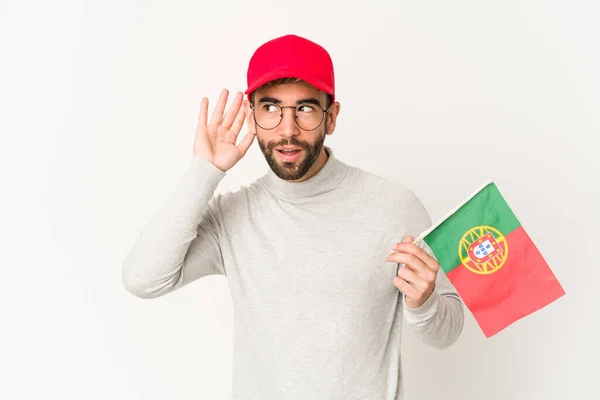 Joven Mujer Hispana Raza Mixta Sosteniendo Una Bandera Portugal Tratando — Foto de Stock