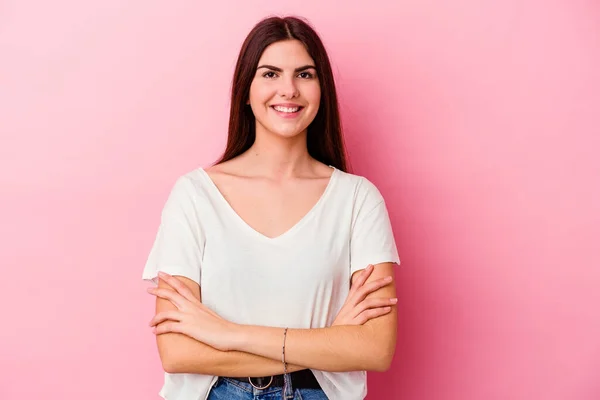 Jonge Blanke Vrouw Geïsoleerd Roze Achtergrond Die Zich Zelfverzekerd Voelt — Stockfoto