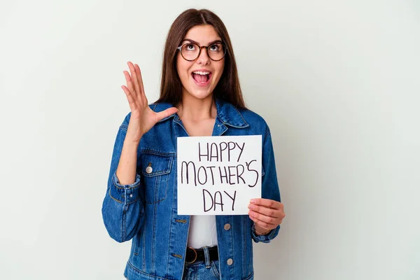 Young Caucasian Woman Holding Made Love Placard Isolated White Background — Stock Photo, Image