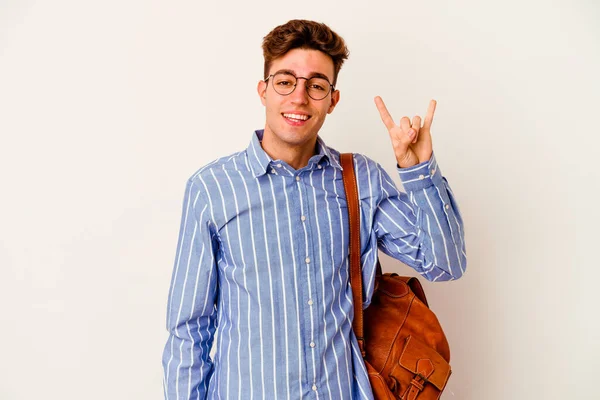 Young Student Man Isolated White Background Showing Horns Gesture Revolution — Stock Photo, Image