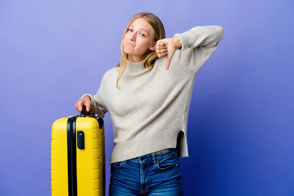 Joven Mujer Rusa Sosteniendo Maleta Para Viajar Mostrando Pulgar Hacia —  Fotos de Stock