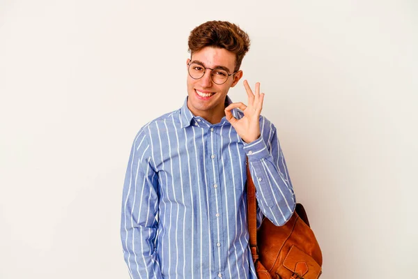 Jovem Estudante Homem Isolado Fundo Branco Pisca Olho Mantém Gesto — Fotografia de Stock