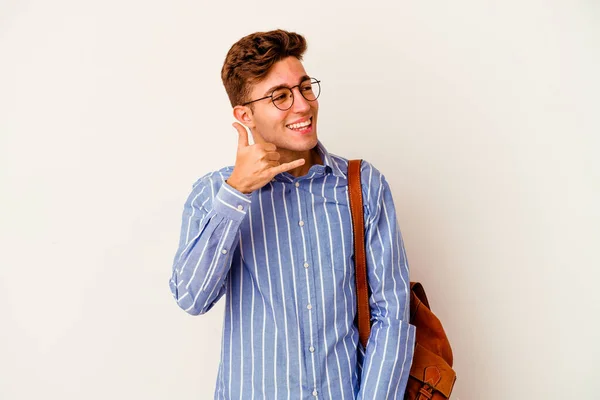 Mladý Student Muž Izolovaný Bílém Pozadí Ukazující Gesto Mobilního Telefonu — Stock fotografie