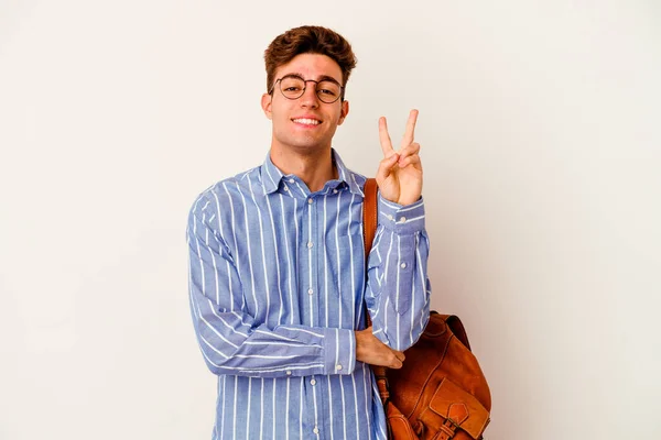 Молодой Студент Белом Фоне Показывает Номер Два Пальцами — стоковое фото