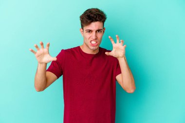 Mavi arka planda izole edilmiş genç beyaz adam pençelerini kedi taklidi yaparken gösteriyor, agresif bir hareket..