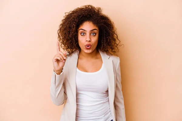 Young African American Woman Isolated Beige Background Pointing Upside Opened — Stock Photo, Image