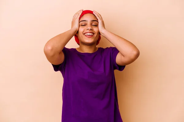 Young African American Woman Isolated Beige Background Laughs Joyfully Keeping — Stock Photo, Image