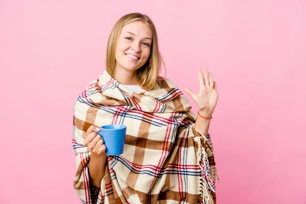 Young Russian Woman Wrapped Blanket Drinking Coffee Smiling Cheerful Showing — Stock Photo, Image