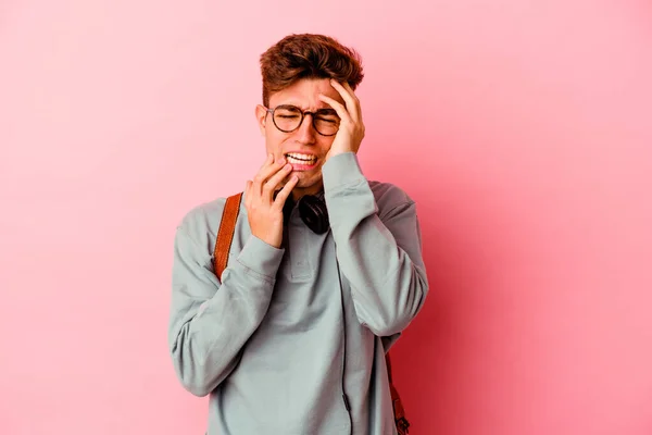 Young Student Man Isolated Pink Background Whining Crying Disconsolately — Stock Photo, Image