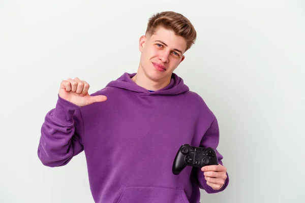 Young Caucasian Man Holding Gamepad Isolated White Background Feels Proud — Stock Photo, Image