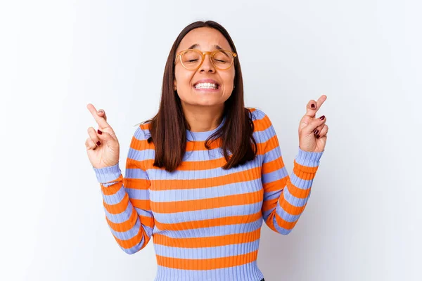 Young Mixed Race Woman Isolated Crossing Fingers Having Luck — Stock Photo, Image