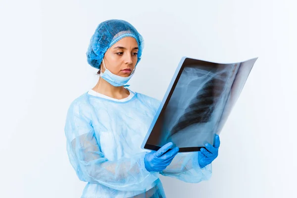 Young Mixed Race Doctor Woman Holding Bone Scan Isolated — Stock Photo, Image