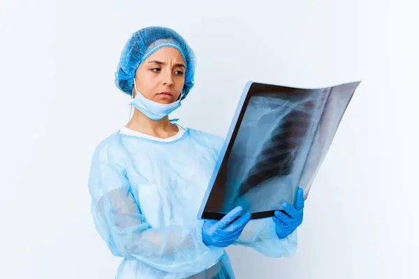 Young Mixed Race Doctor Woman Holding Bone Scan Isolated — Stock Photo, Image