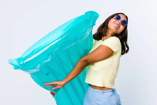 Young Mixed Race Woman Holding Air Matress Stretching Arms Relaxed — Stock Photo, Image