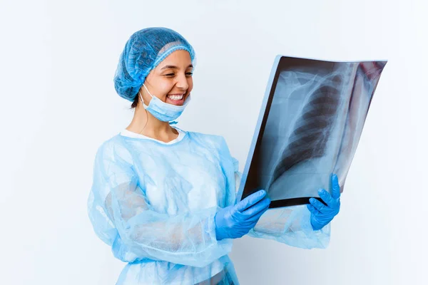 Young Mixed Race Doctor Woman Holding Bone Scan Isolated — Stock Photo, Image