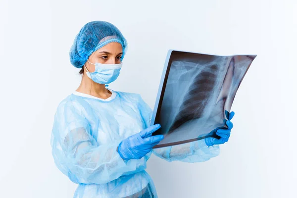 Young Mixed Race Doctor Woman Holding Bone Scan Isolated — Stock Photo, Image