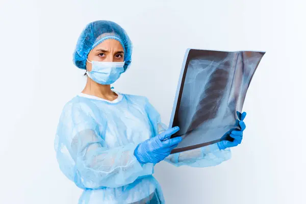 Young Mixed Race Doctor Woman Holding Bone Scan Isolated — Stock Photo, Image