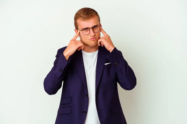 Young Business Caucasian Man Isolated White Background Focused Task Keeping — Stock Photo, Image