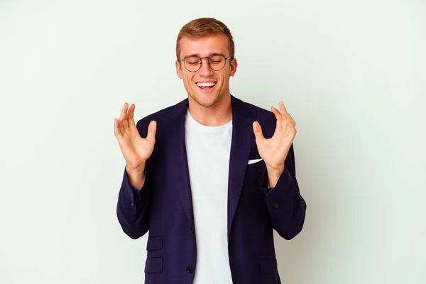 Young Business Caucasian Man Isolated White Background Joyful Laughing Lot — Stock Photo, Image