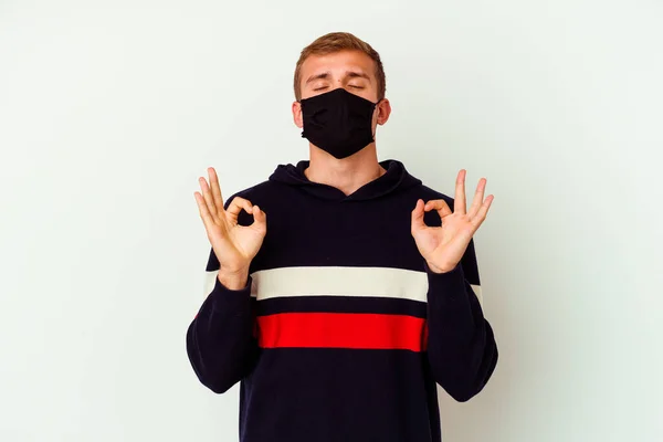 Young Caucasian Man Wearing Mask Virus Isolated White Background Relaxes — Stock Photo, Image