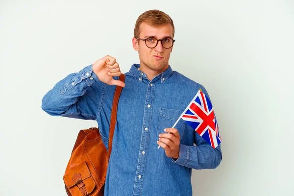 Jovem Estudante Caucasiano Estudando Inglês Isolado Fundo Branco Mostrando Gesto — Fotografia de Stock