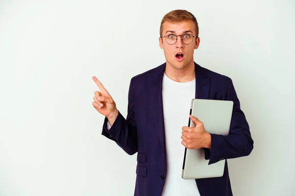 Young Business Caucasian Man Holding Laptop Isolated White Background Pointing — Stock Photo, Image