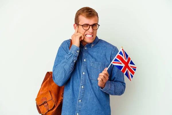 Jovem Estudante Caucasiano Homem Estudando Inglês Isolado Fundo Branco Cobrindo — Fotografia de Stock