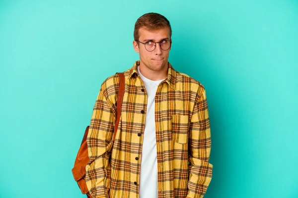 Young Caucasian Student Man Isolated Blue Background Confused Feels Doubtful — Stock Photo, Image