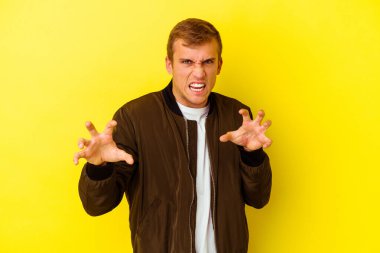 Sarı arka planda izole edilmiş genç beyaz adam pençelerini kedi taklidi yaparken gösteriyor, agresif bir hareket..