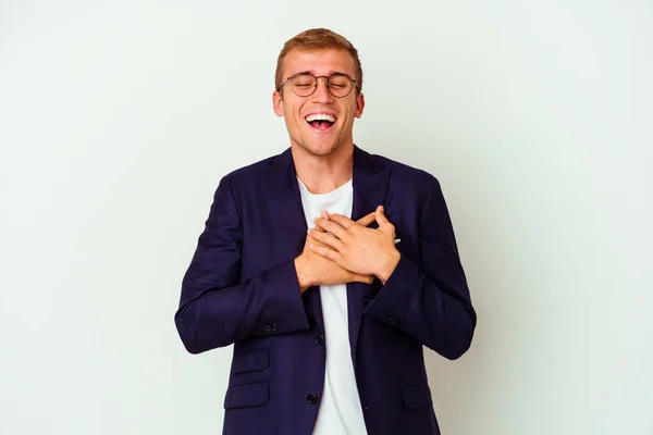 Młody Biznes Biały Człowiek Odizolowany Biały Tło Śmiech Trzymając Ręka — Zdjęcie stockowe