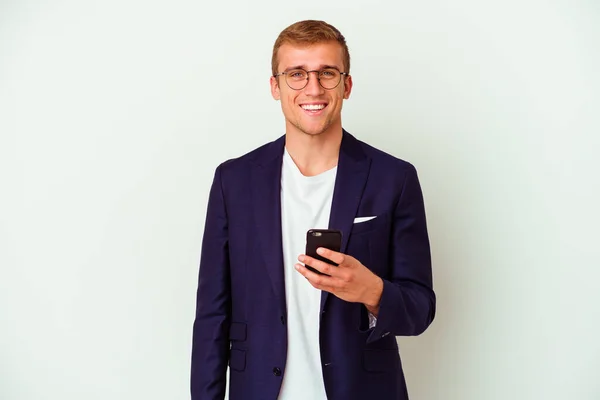 Jovem Homem Negócios Segurando Telefone Celular Isolado Fundo Branco Feliz — Fotografia de Stock