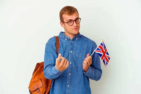 Ung Student Kaukasiska Mannen Studerar Engelska Isolerad Vit Bakgrund Pekar — Stockfoto