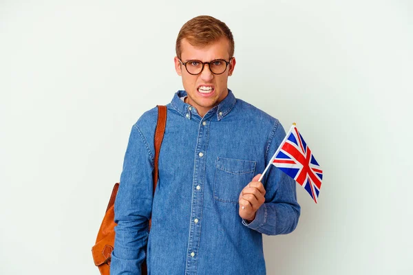 Jovem Estudante Caucasiano Homem Estudando Inglês Isolado Fundo Branco Gritando — Fotografia de Stock