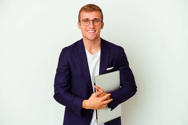 Mladý Obchod Běloch Muž Drží Notebook Izolované Bílém Pozadí Směje — Stock fotografie