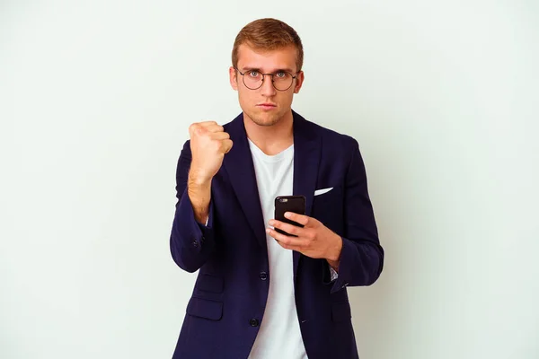 Young Business Man Holding Mobile Phone Isolated White Background Showing — Stock Photo, Image